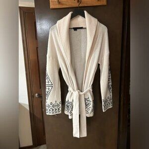 360 Cashmere Cream with Black Embroidery midi Duster Cardigan Size XS